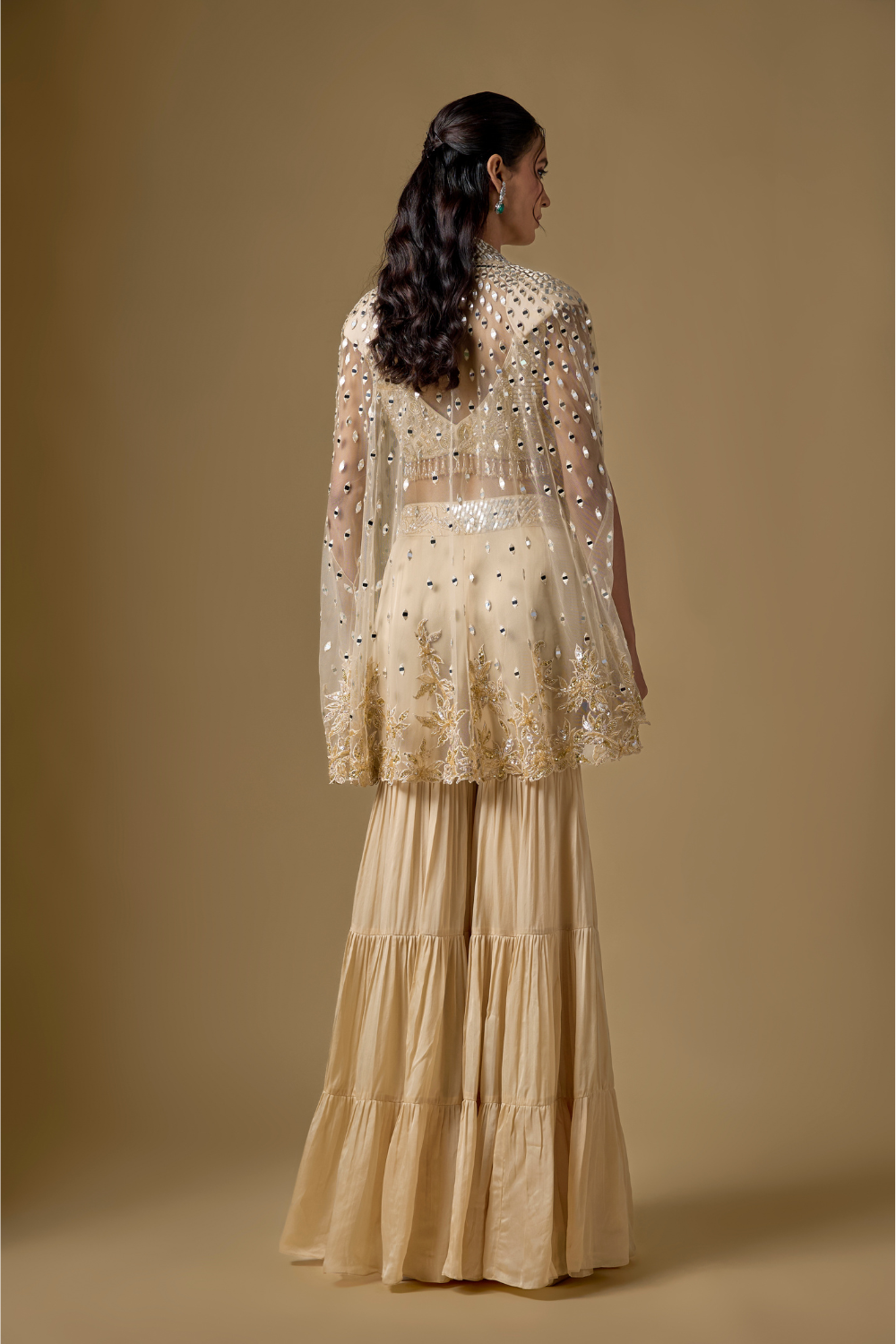 Currenta -Beige Sharara Short Cape Set with Zentangle Blouse