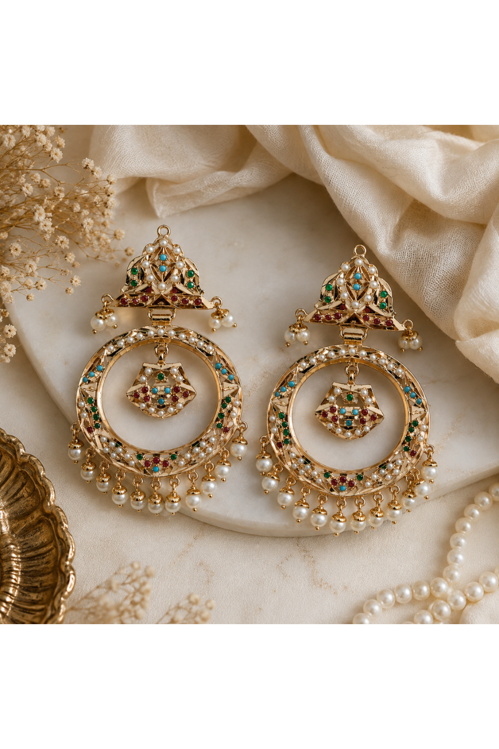 Multicolour Jadau Pearl Hoop Statement Earrings