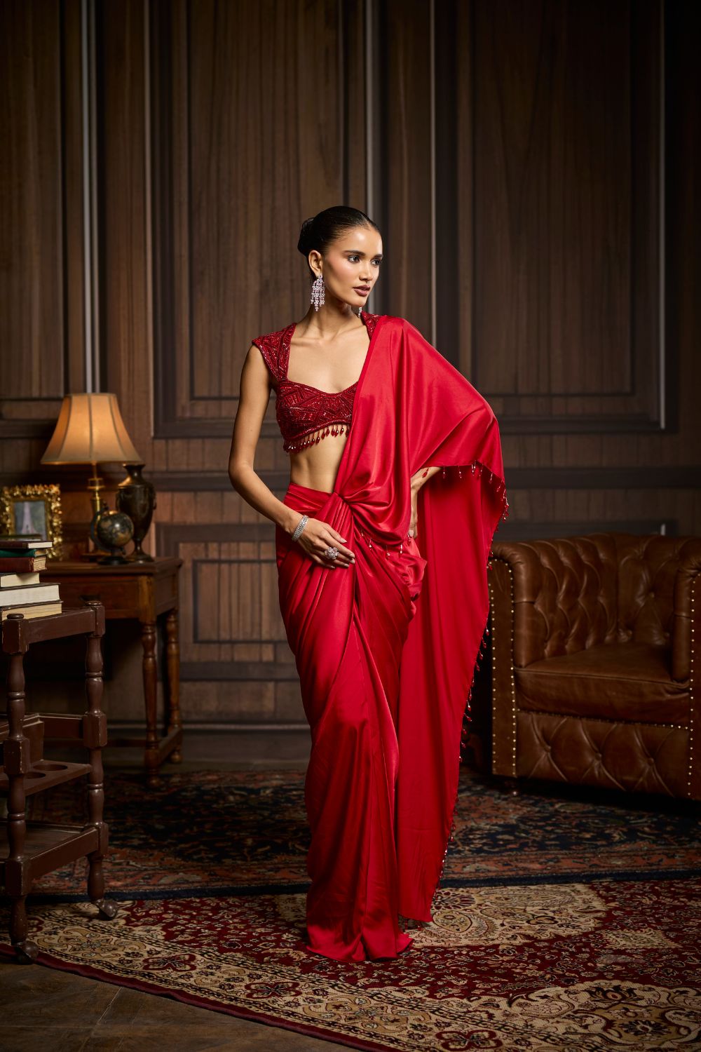 RED EMBELLISHED BLOUSE AND PRE-DRAPED DHOTI SAREE SET