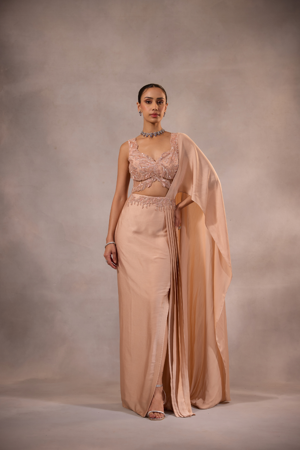 Champagne Pink  Embellished Draped Saree Set with Sculpted Blouse