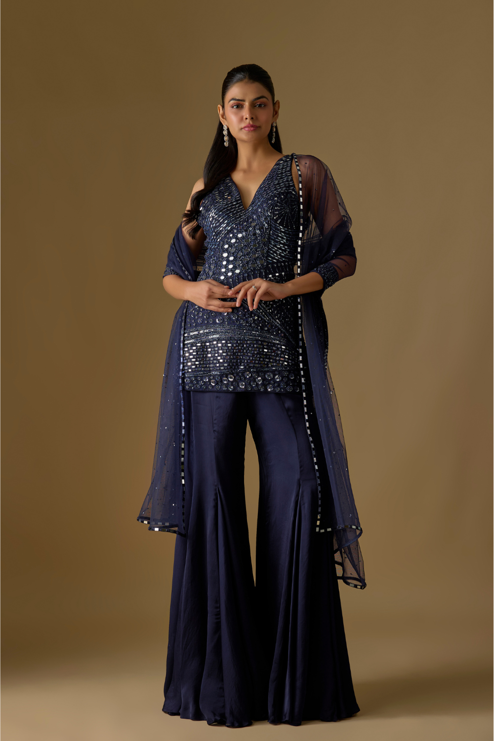Marina- Navy bloue Kurta with Plain Sharara and Zentangle Dupatta