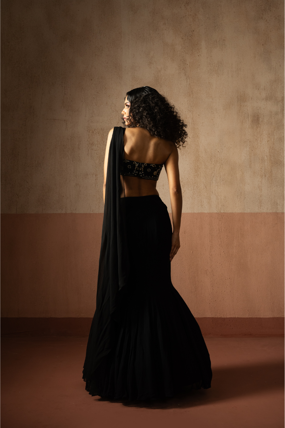 Fishtail saree , black , hand embroidered georgette saree