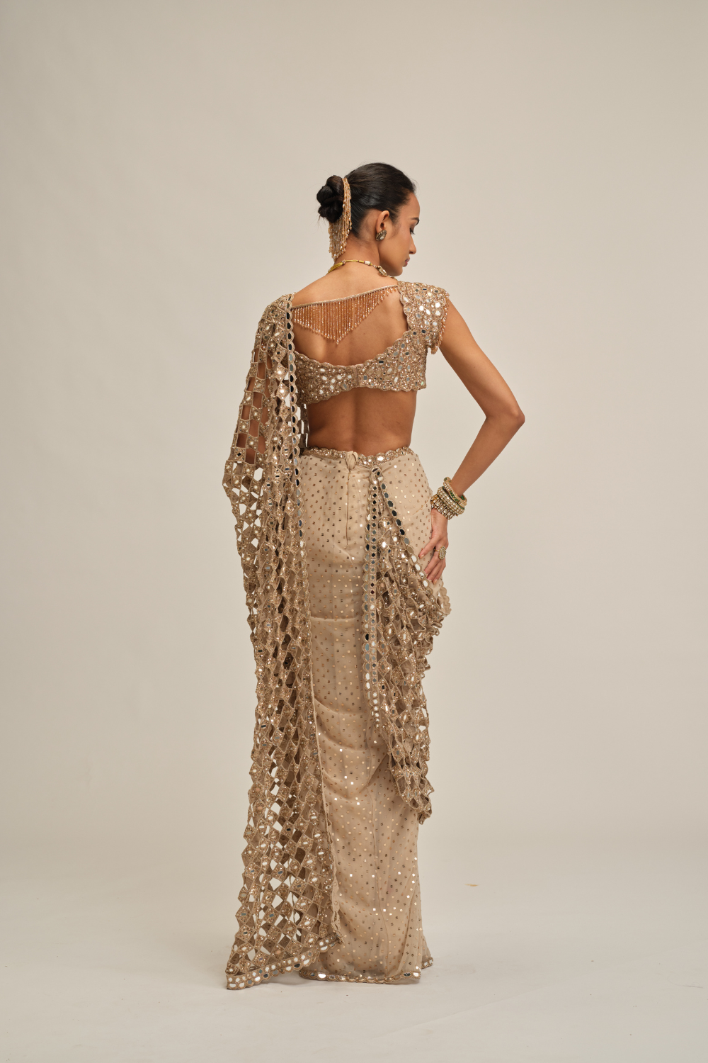 Light Beige Cutwork Pallu Saree Set