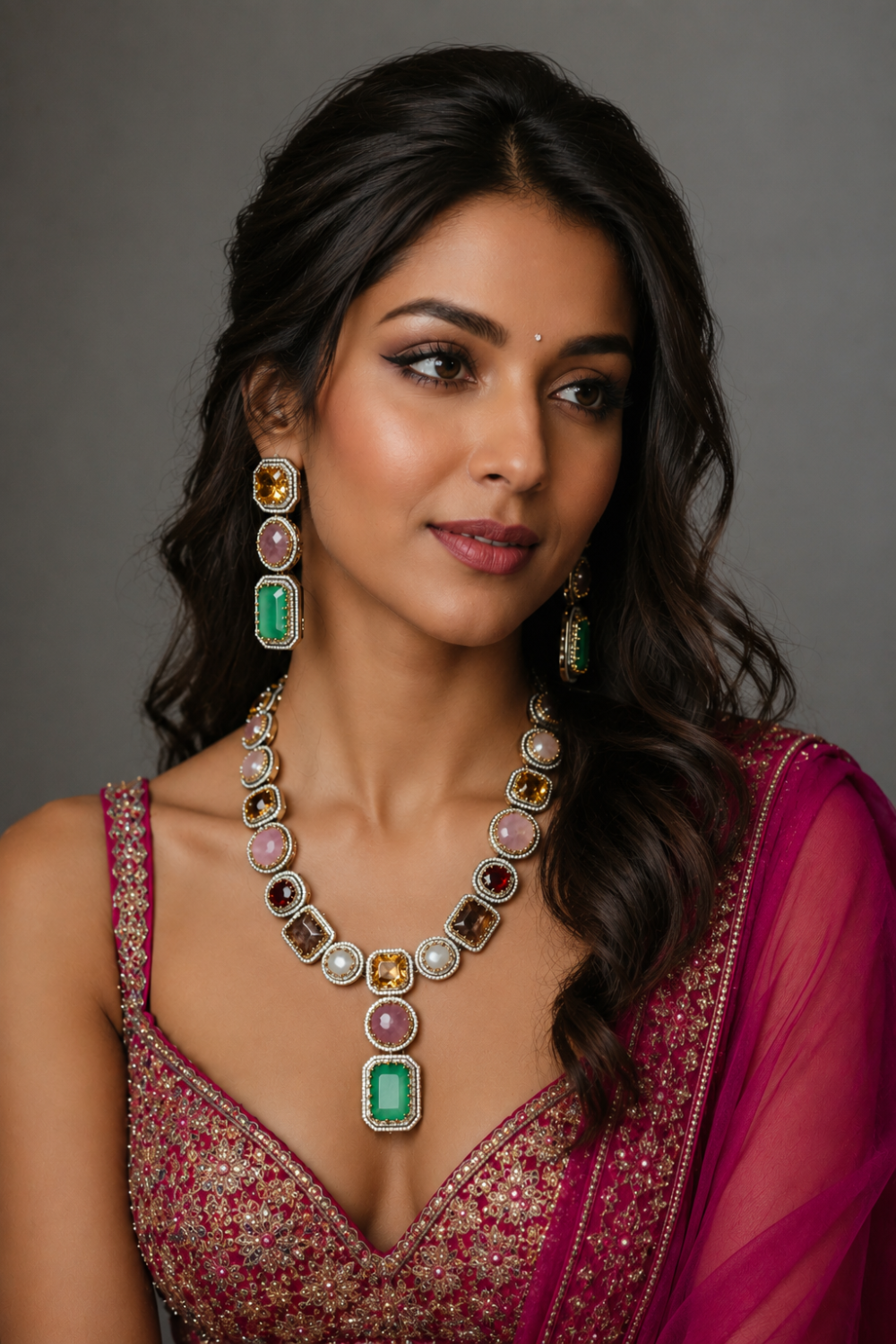 Multicolor Gemstone Statement Necklace Set with Designer Earrings