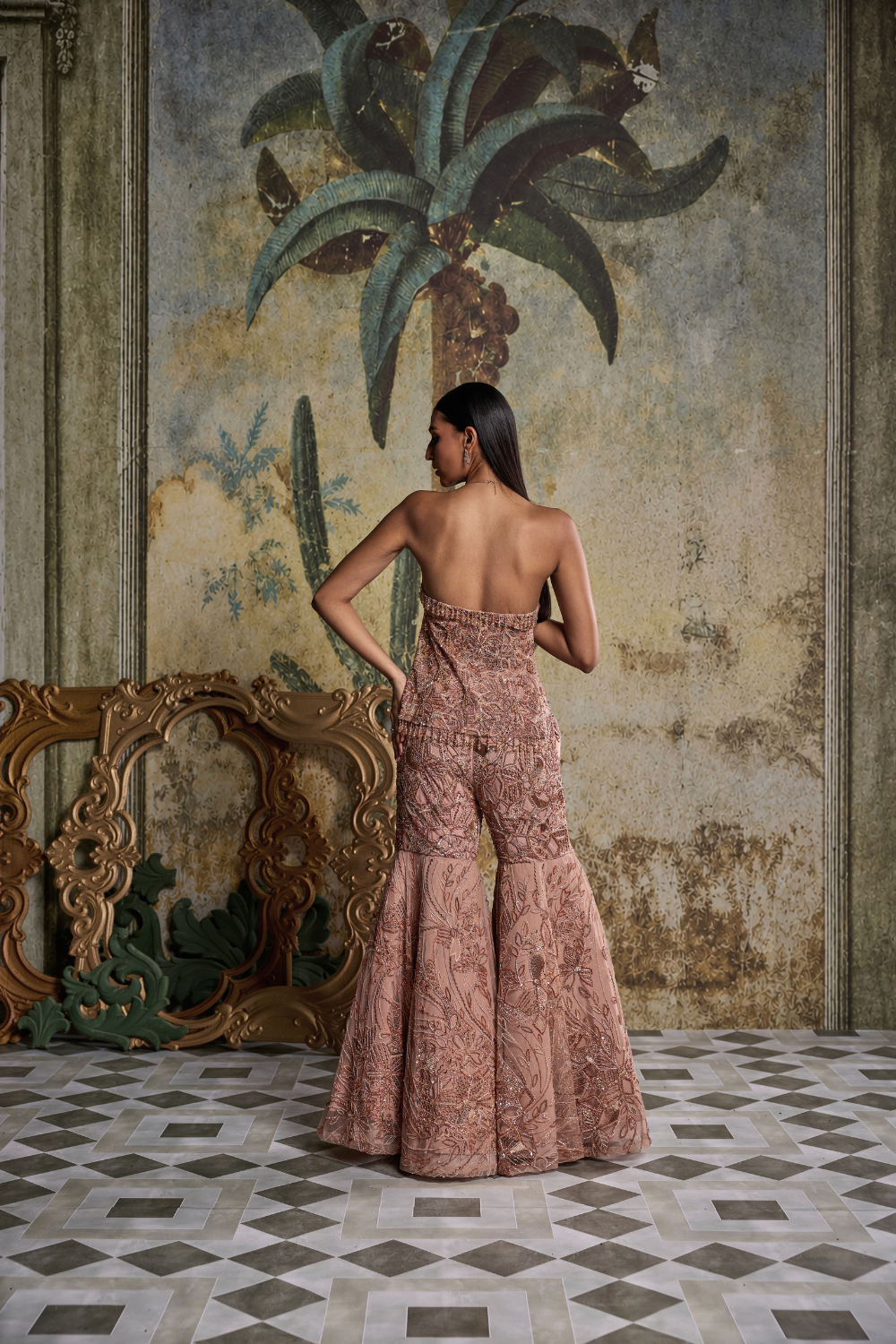 Rose Gold Abstract Floral Embellished Kurti Set