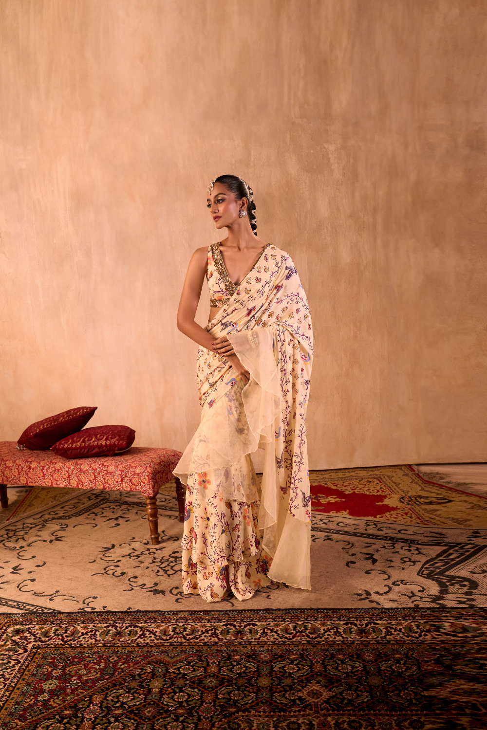 IVORY PRINT EMBROIDERED CHOLI WITH PRE DRAPED RUFFLE SARI SET
