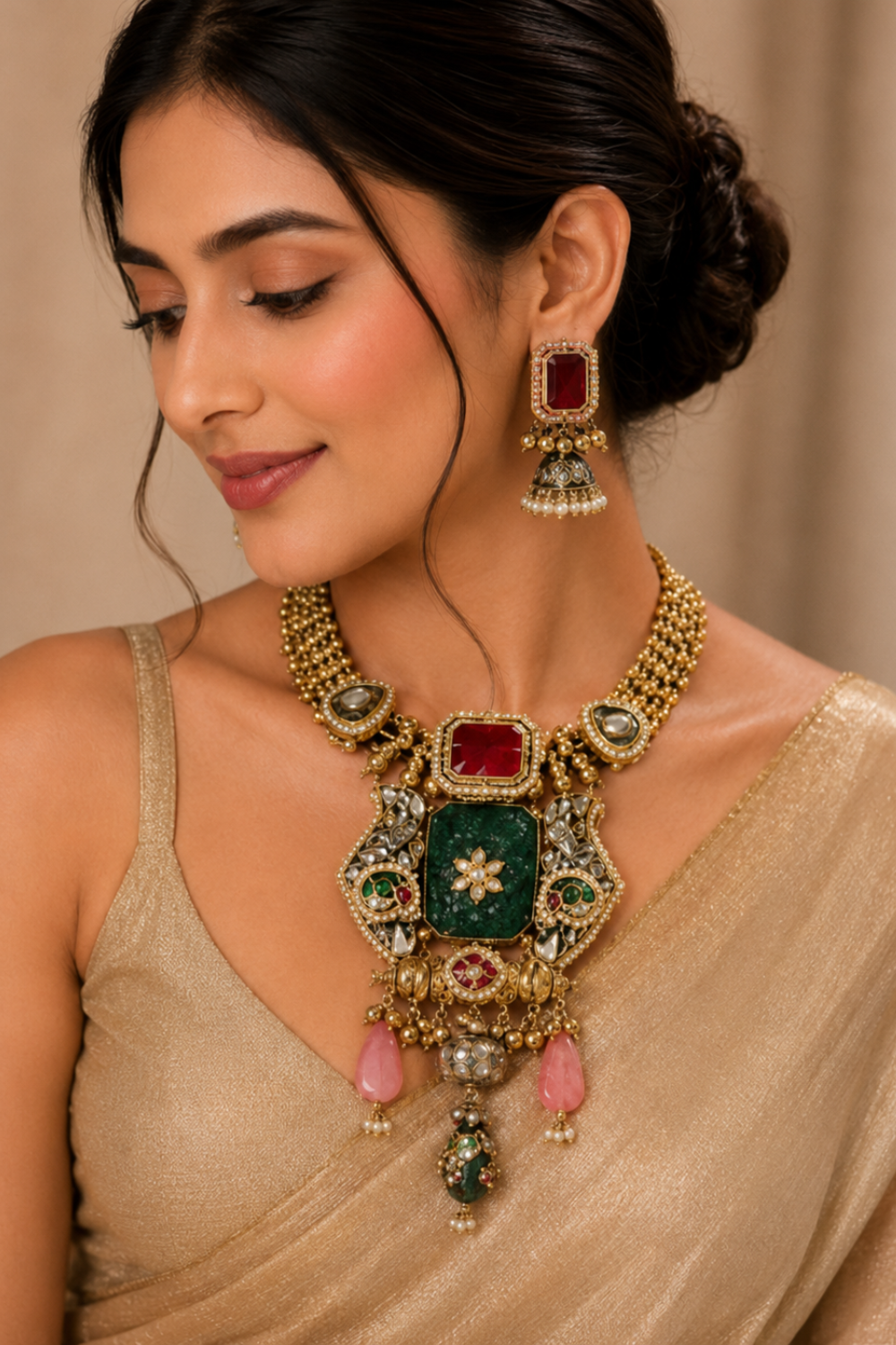 Royal Emerald Ruby Statement Necklace Set with Jhumka Earrings