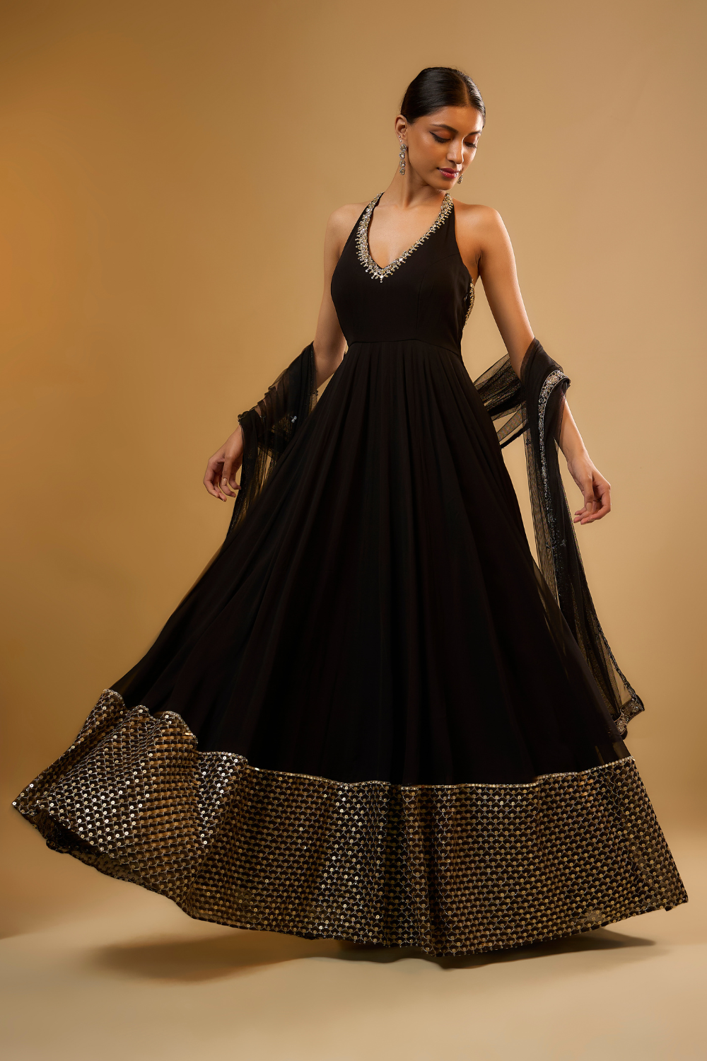 Black georgette anarkali set embroidered with gold cut dana & sequins