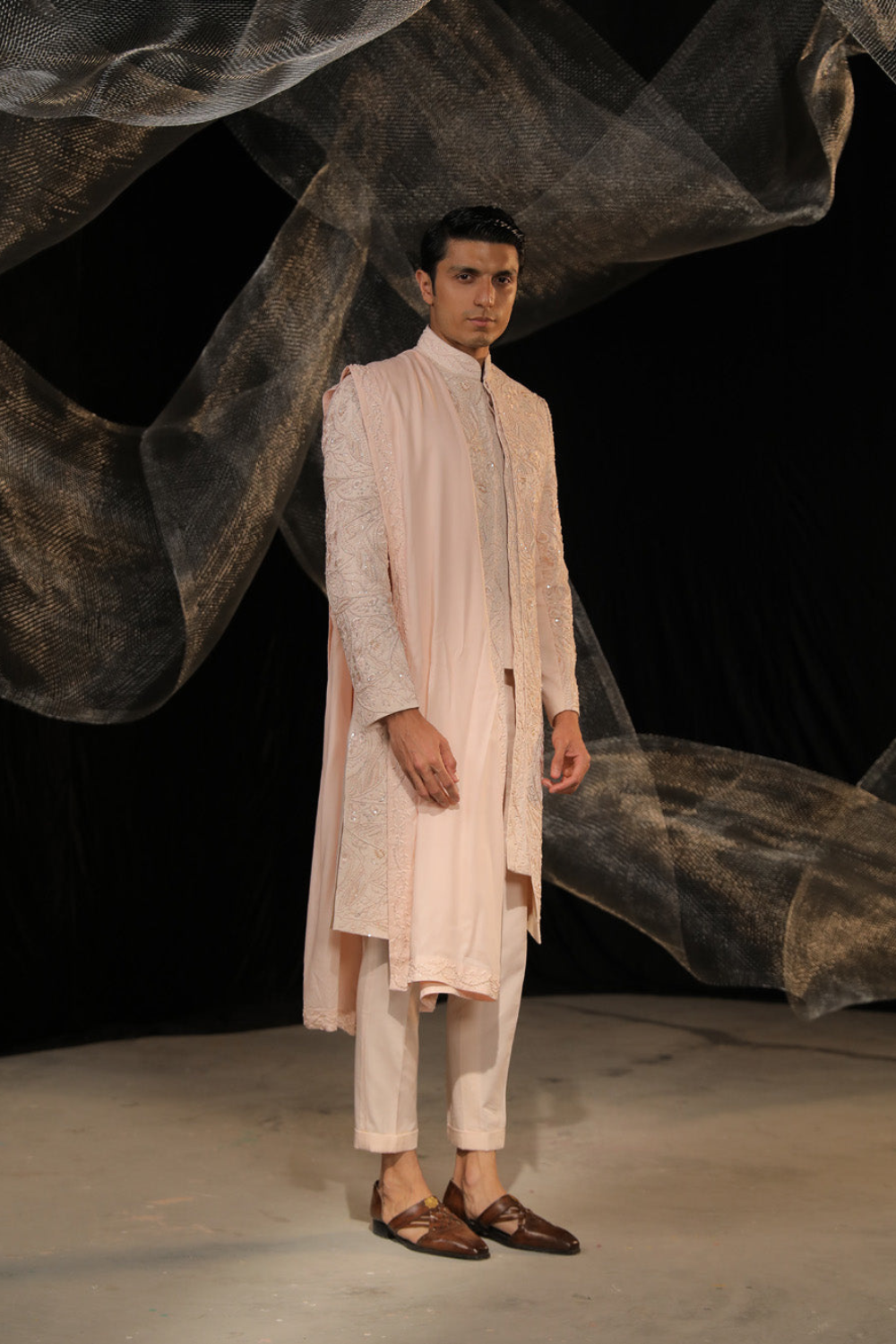 Crape Layerd Sherwani With Ai Designed Bead And Resham Work