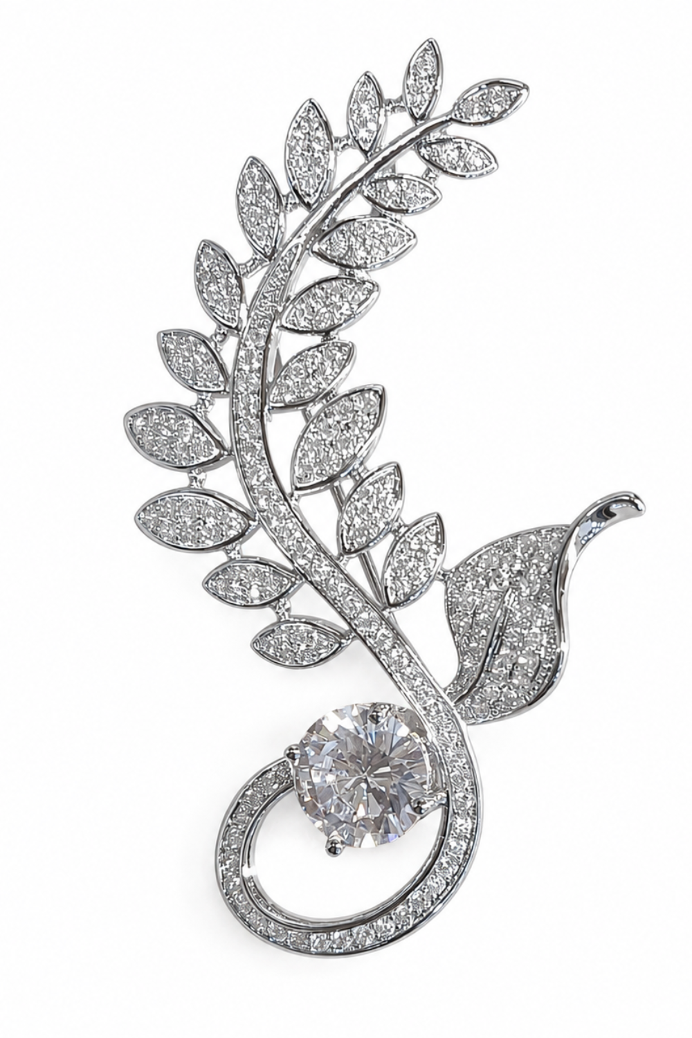 Silver Plated Zircon Leaf Motif Brooch