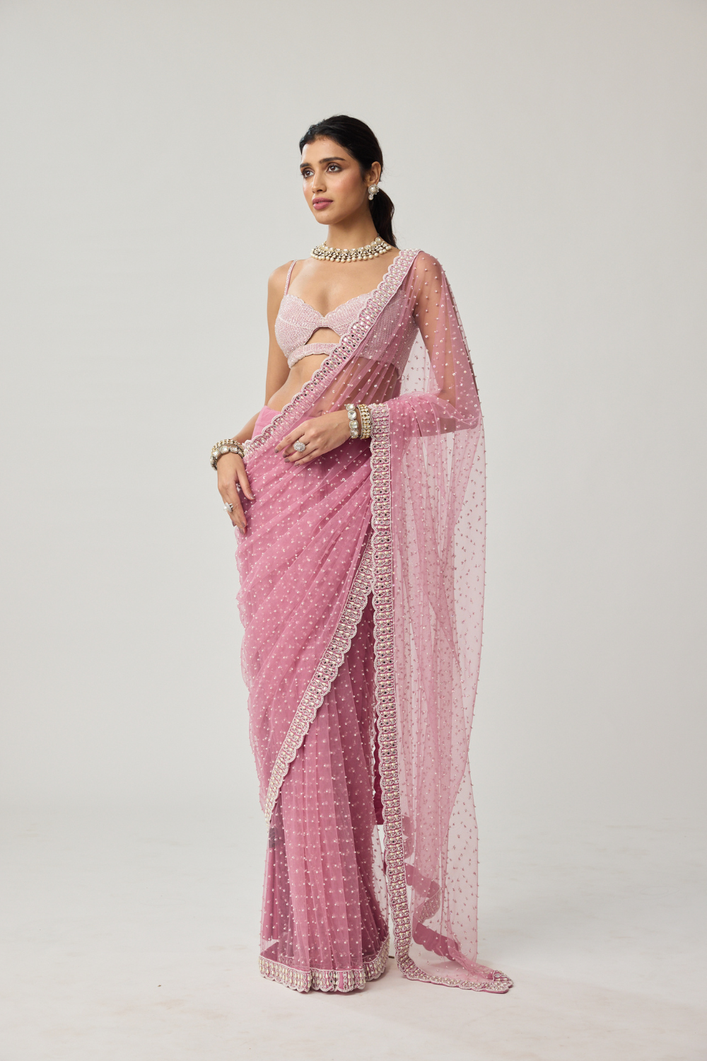 Onion Pink Pearl Scattered Net saree set