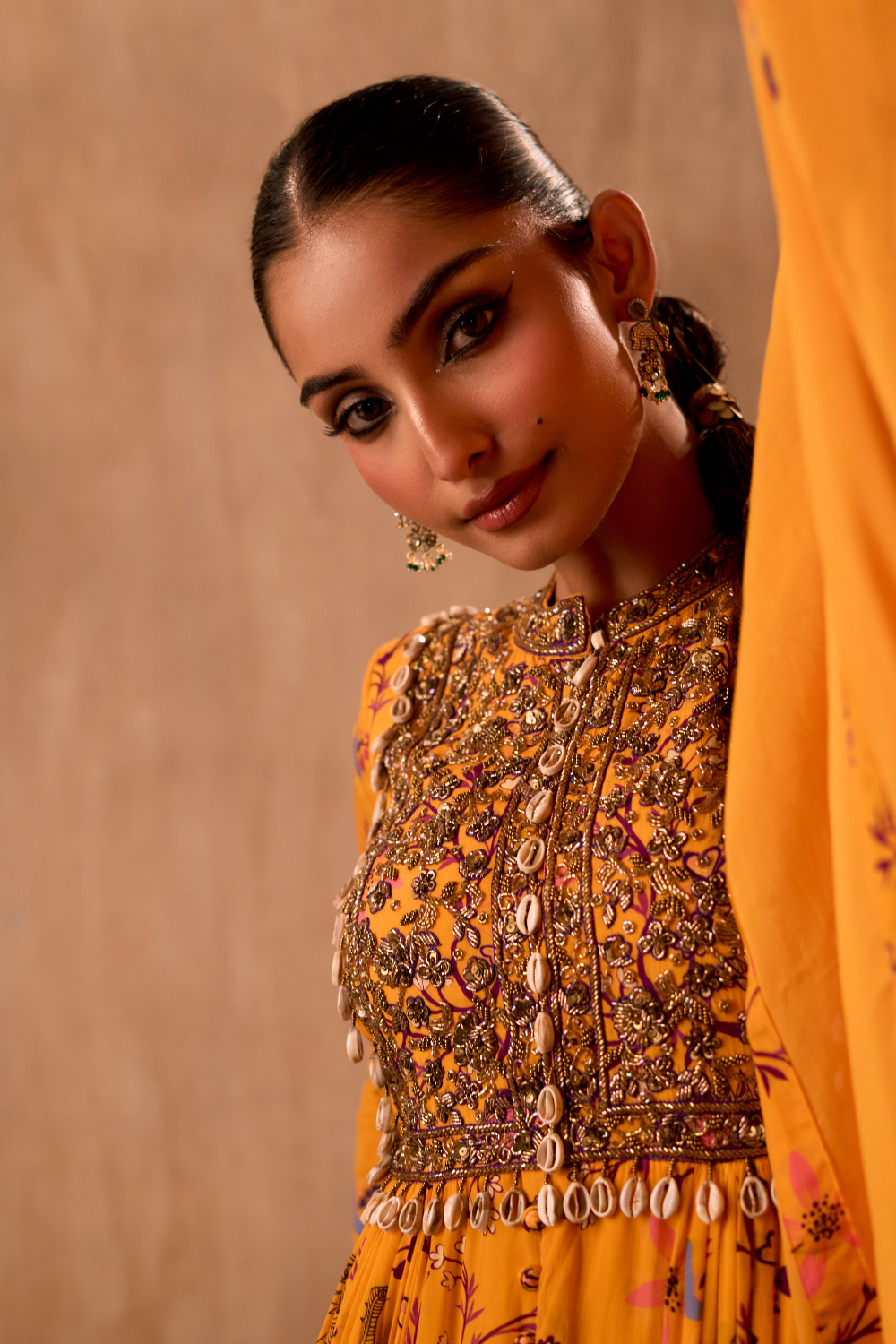 YELLOW PRINT EMBROIDERED ANARKALI AND DUPATTA SET