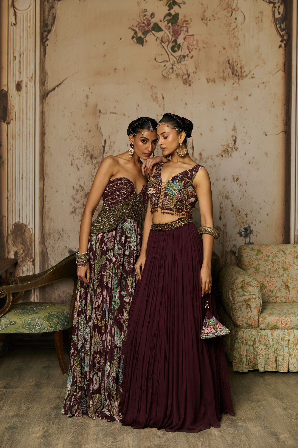 PLUM PRINTED AND EMBROIDERED DRAPE GOWN SAREE