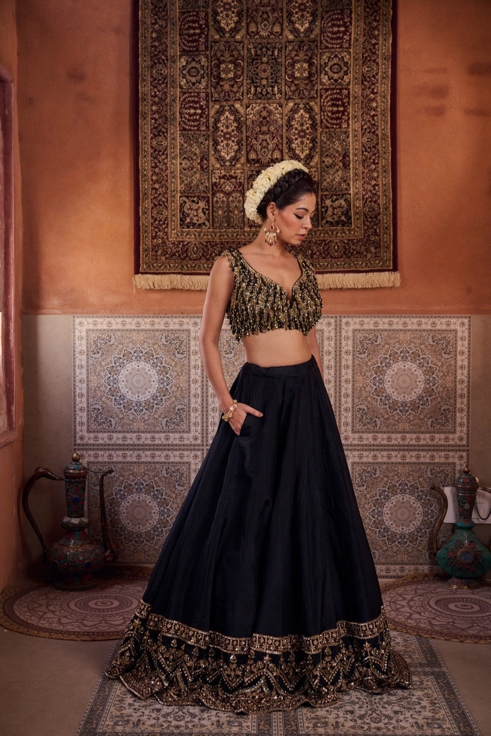 Black and mehendi green embellished blouse, lehenga and dupatta