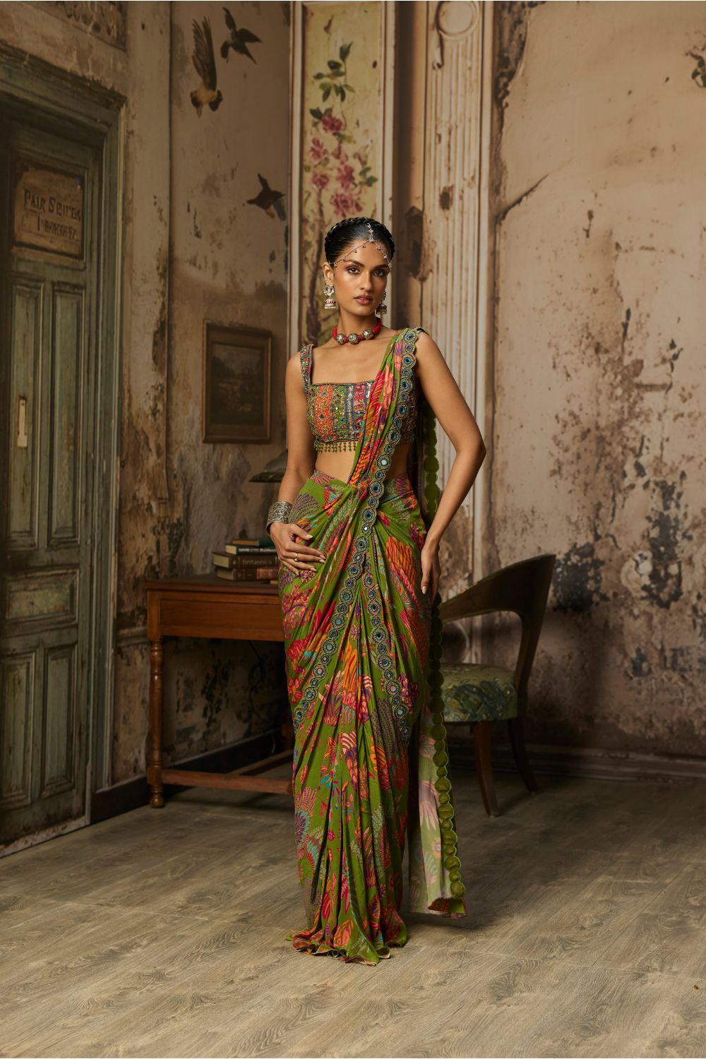 PEAR GREEN PRINTED AND HIGHLIGHTED DHOTI SKIRT SAREE SET