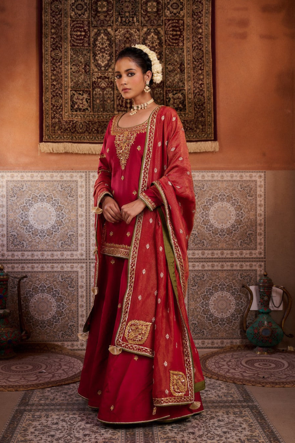 Red upada silk kurti, sharara and shimmer tissue dupatta