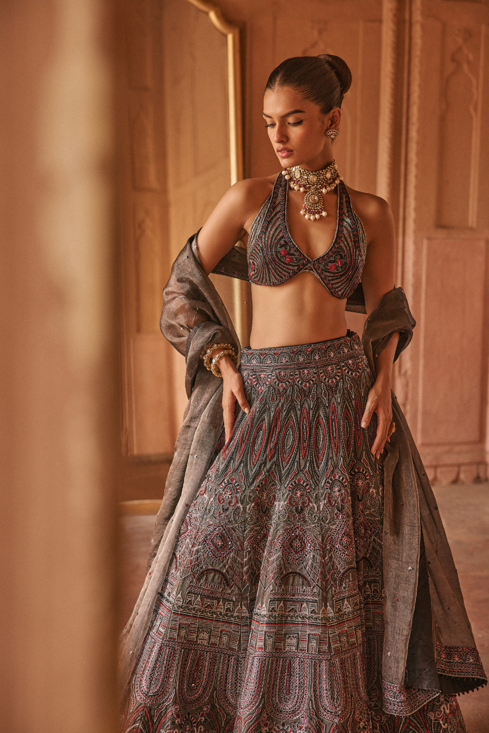 Black, dori, tissue, lehanga, halter blouse