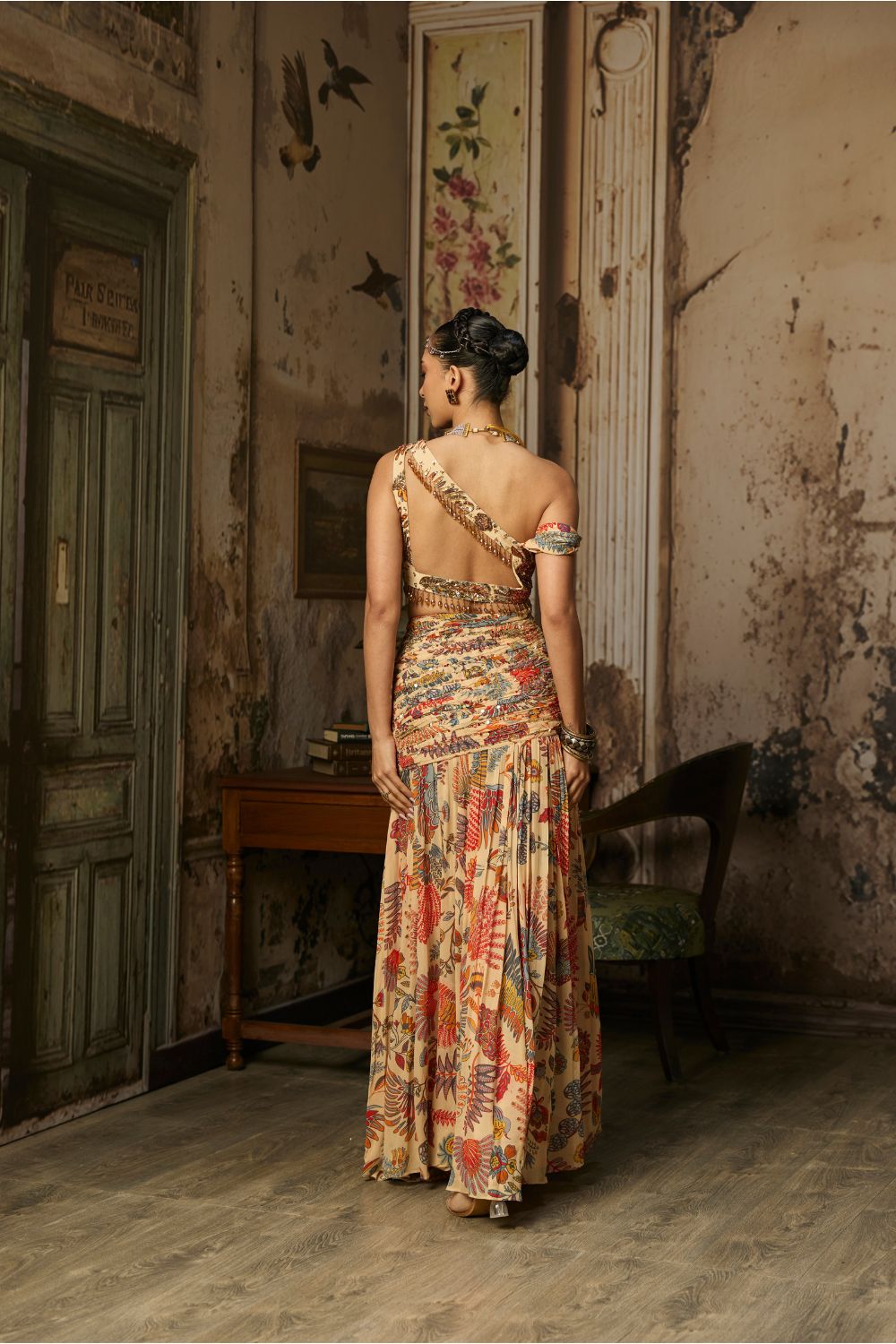 BEIGE PRINTED AND HIGHLIGTED BLOUSE WITH SKIRT SET