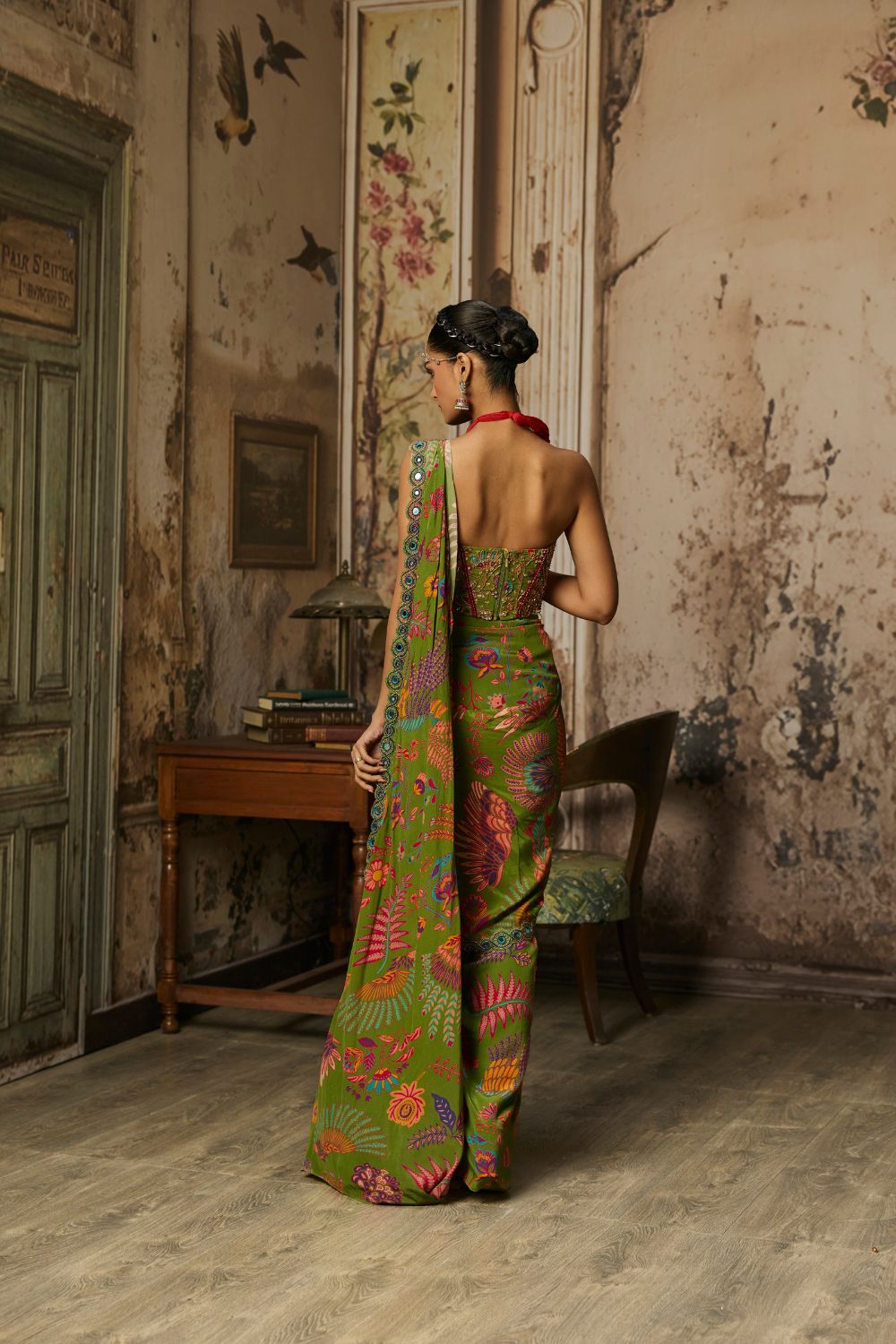 PEAR GREEN PRINTED AND HIGHLIGHTED RUFFLE SKIRT SAREE SET