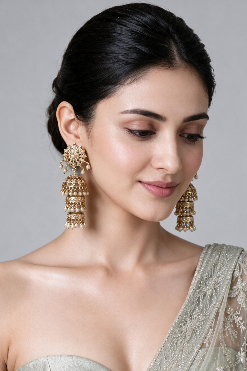 Three-Layer Jadau Pearl Jhumka Earrings