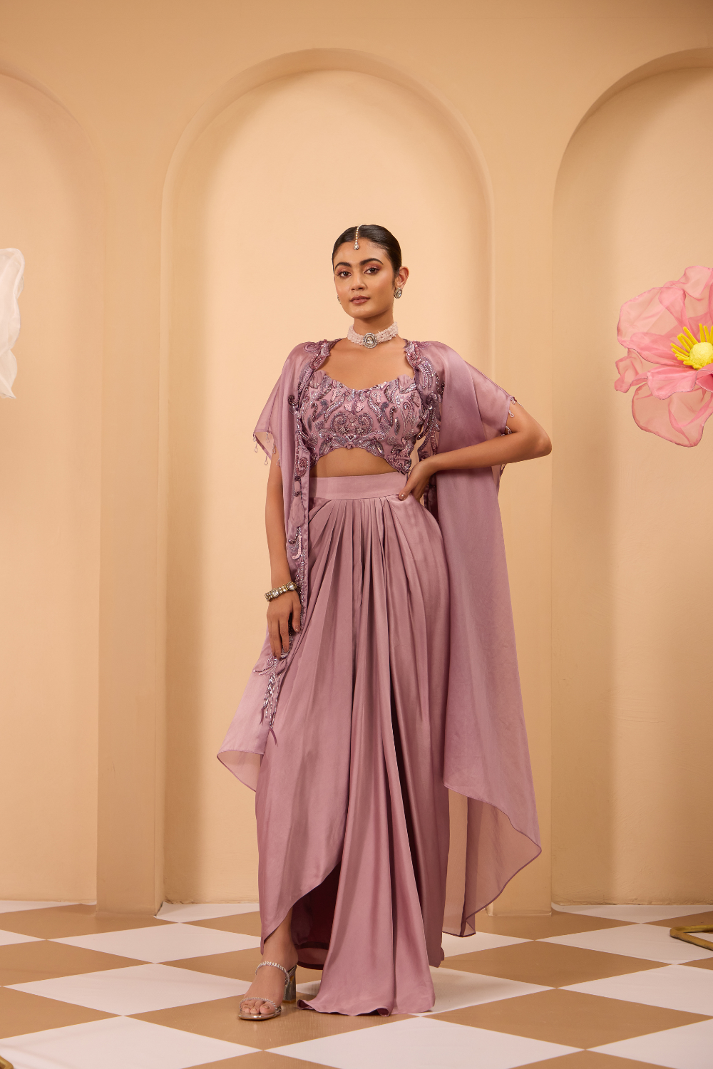 Purple Drape Skirt with Hand Embroidered Cape & Blouse