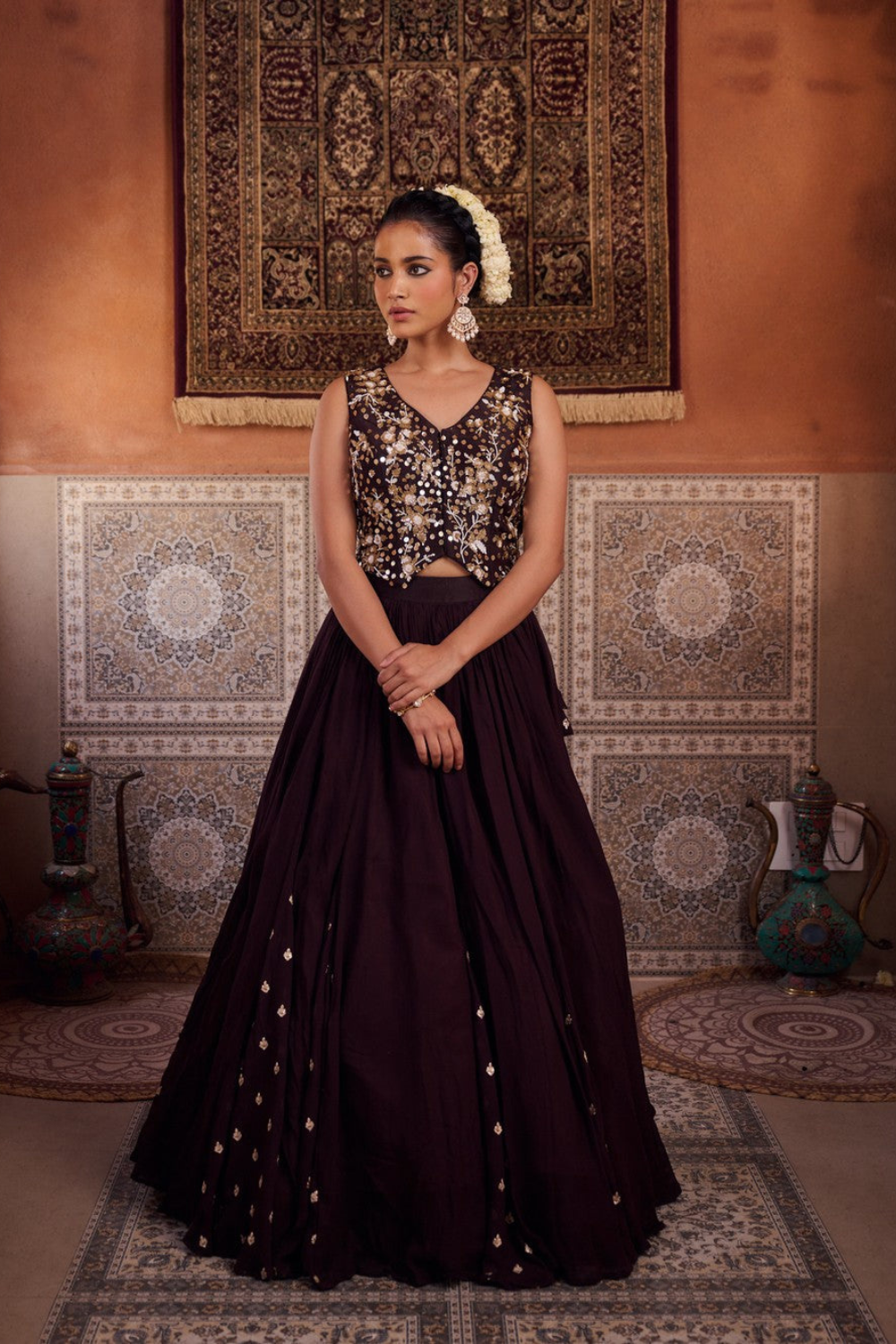 Brown embroidered silk waist coat, lehenga and  dupatta
