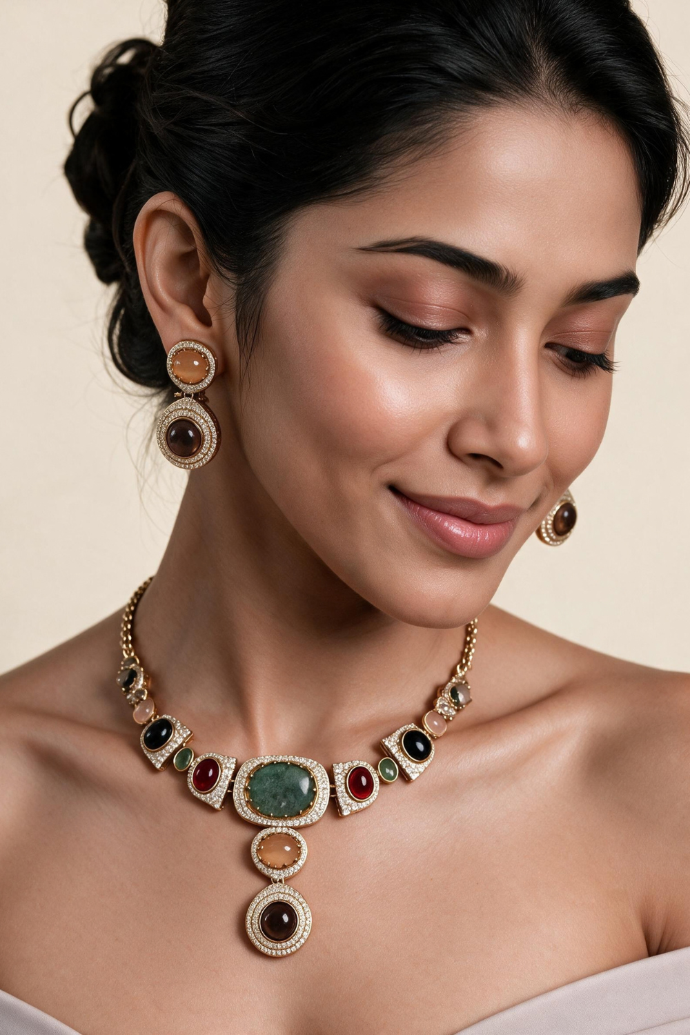 Multicolour Semi-Precious Stone Moissanite Necklace Set