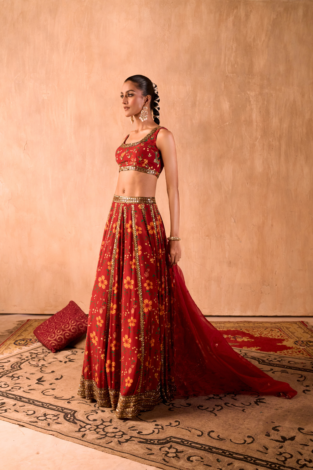 RED PRINT EMBROIDERED CHOLI, LEHENGA AND DUPATTA SET