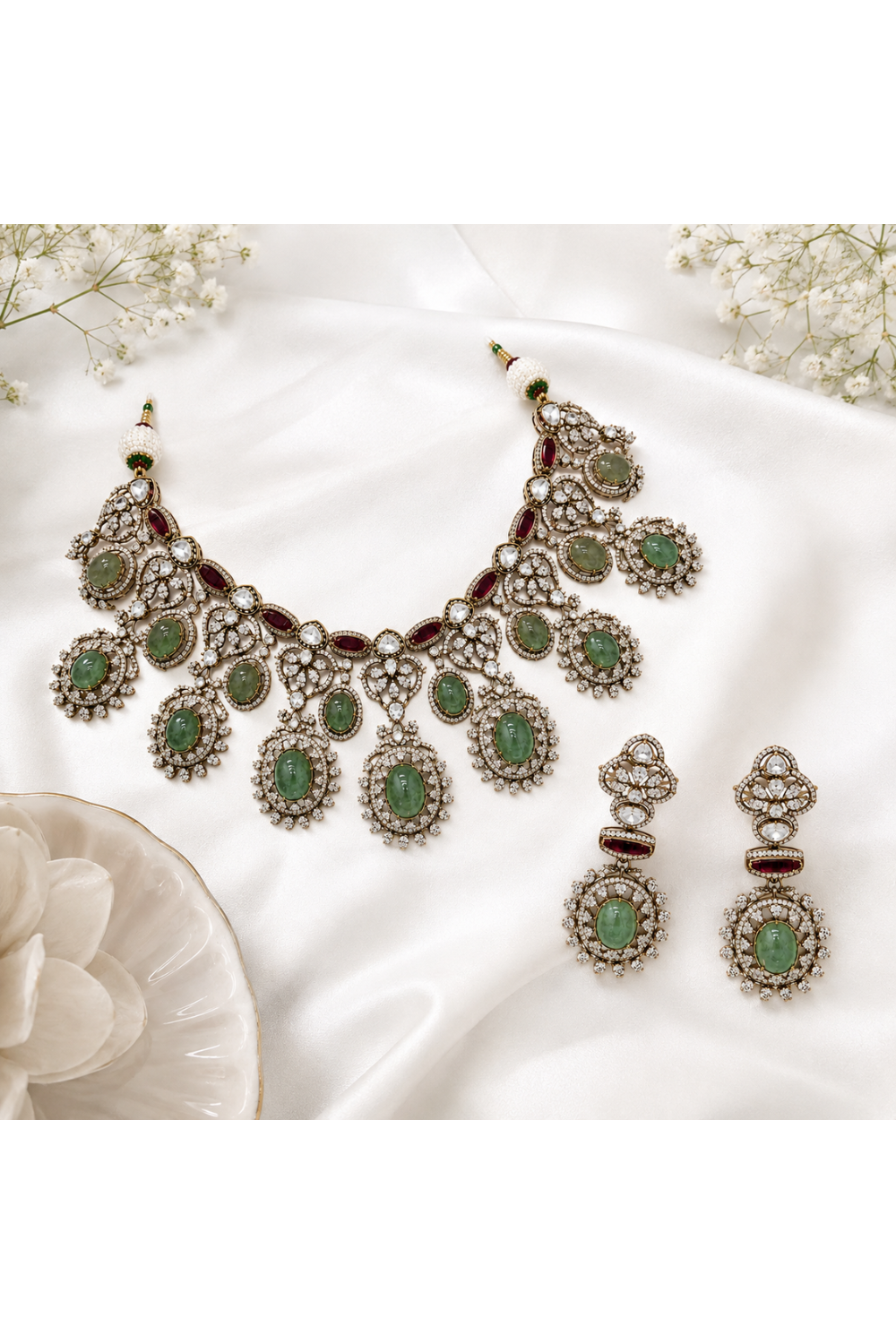 Sage Green Semi-Precious Stone Zircon Necklace Set