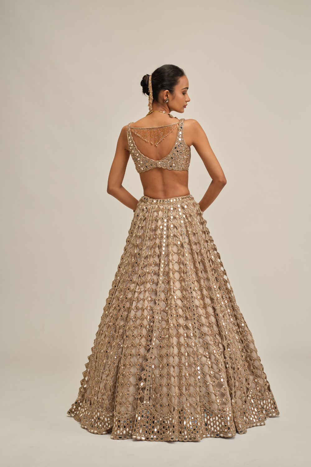 Light Beige Diamond Mirror Cutwork Lehenga Set