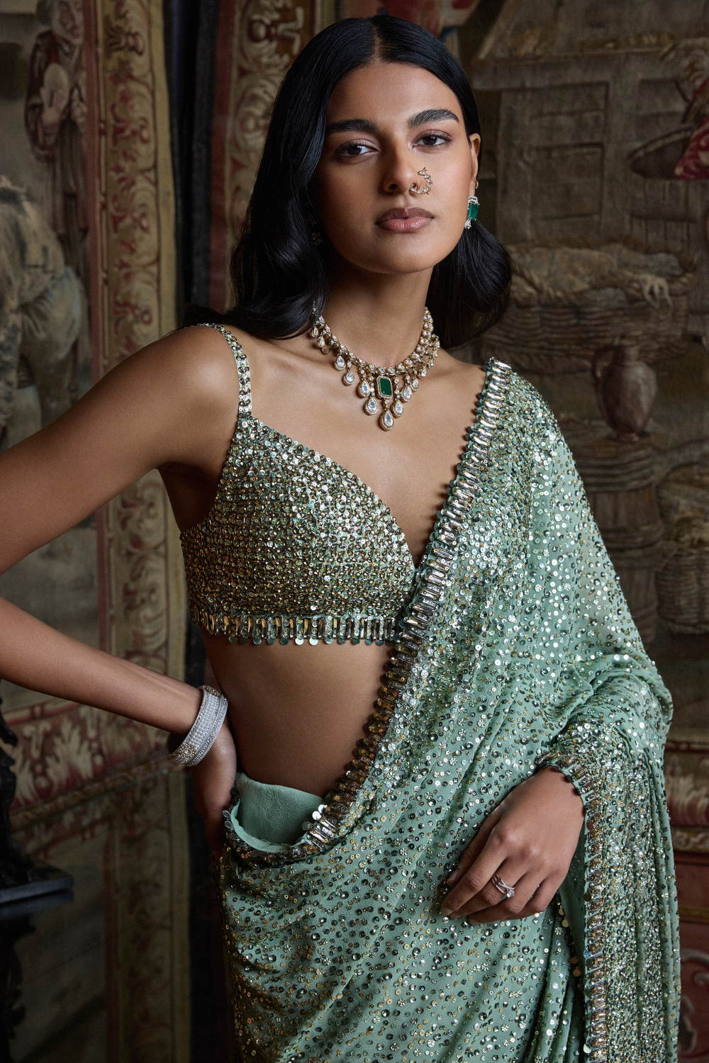 Moss Green Sequin Saree