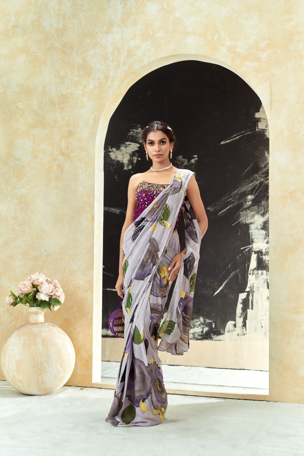 Periwinkle hand painted saree and corset set