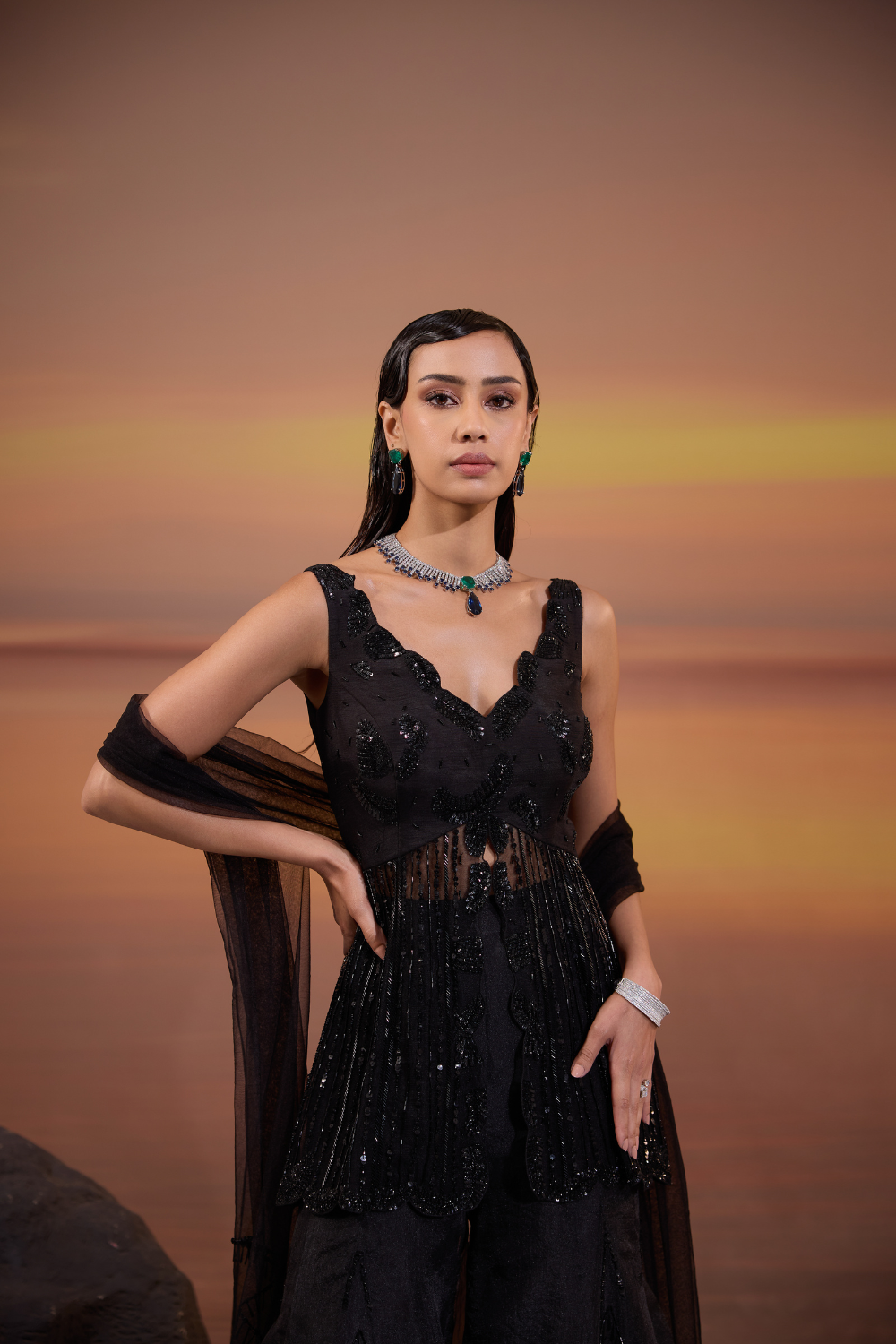 Black Embellished Sharara Set