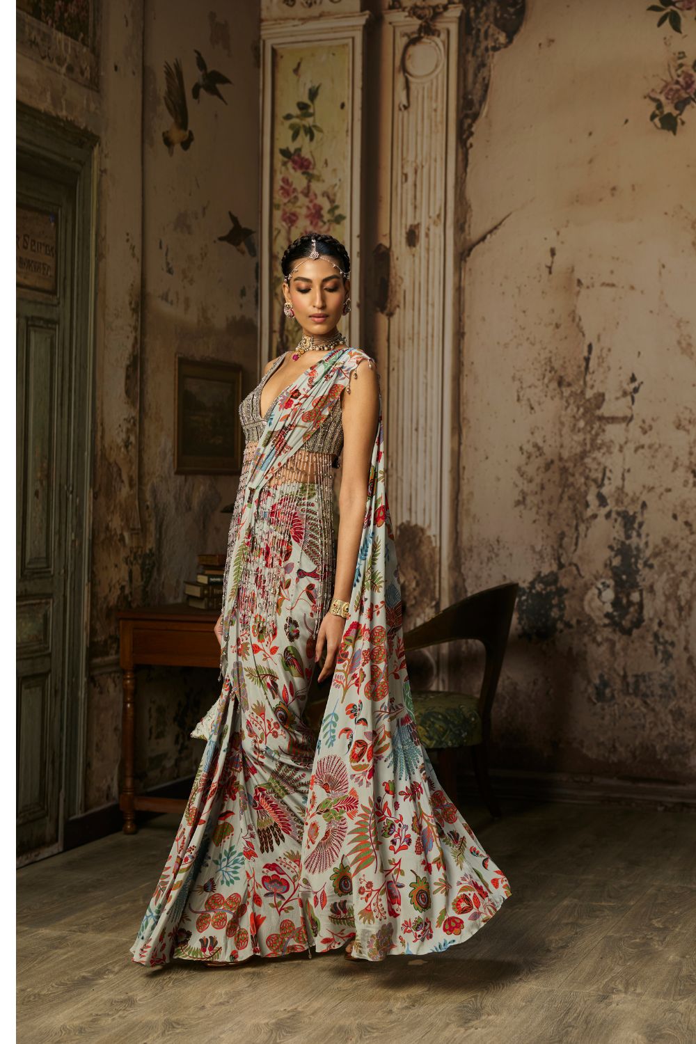 SLATE GREY EMBROIDERED BLOUSE AND PRINTED LEHENGA SET
