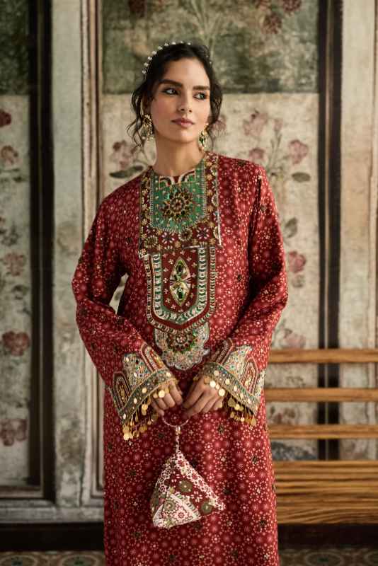 SAGE-MAROON PRINT AND HIGHLIGHTED  KAFTAN