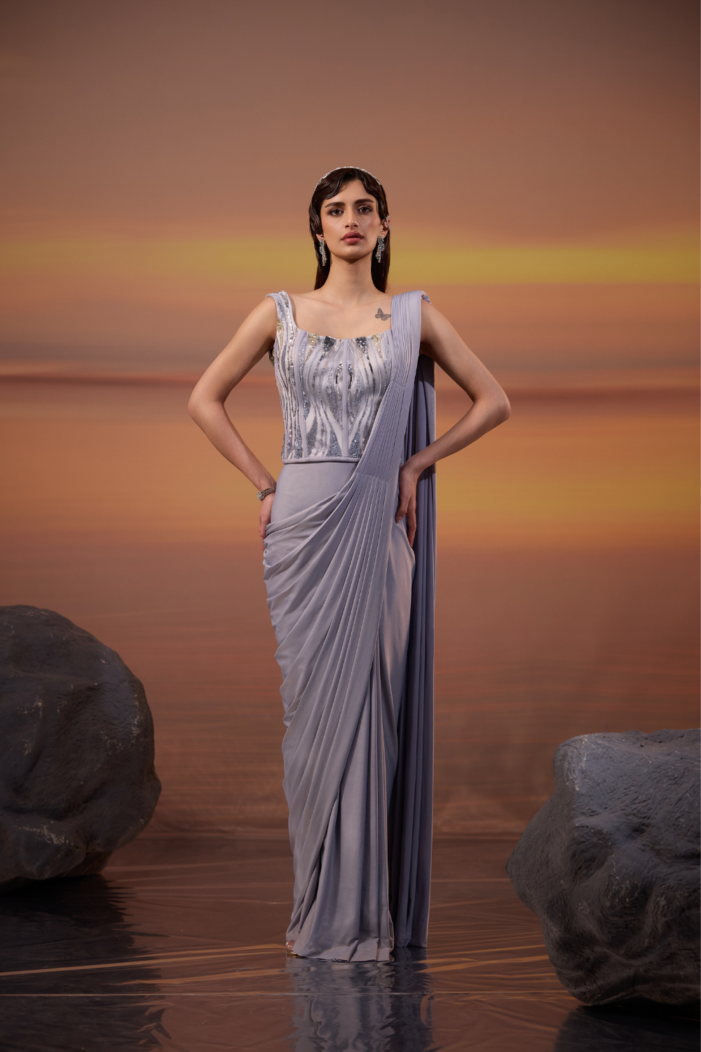 Grey Corset Embellished Drape Saree Set