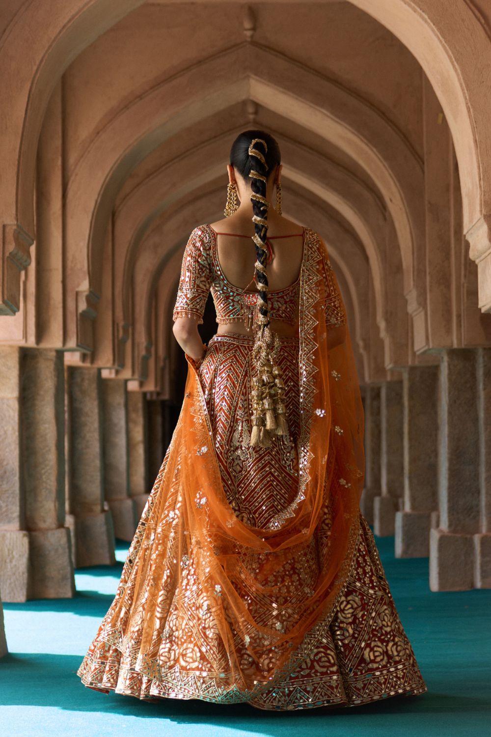 TEJ — Rust Orange Organza Lehenga Set