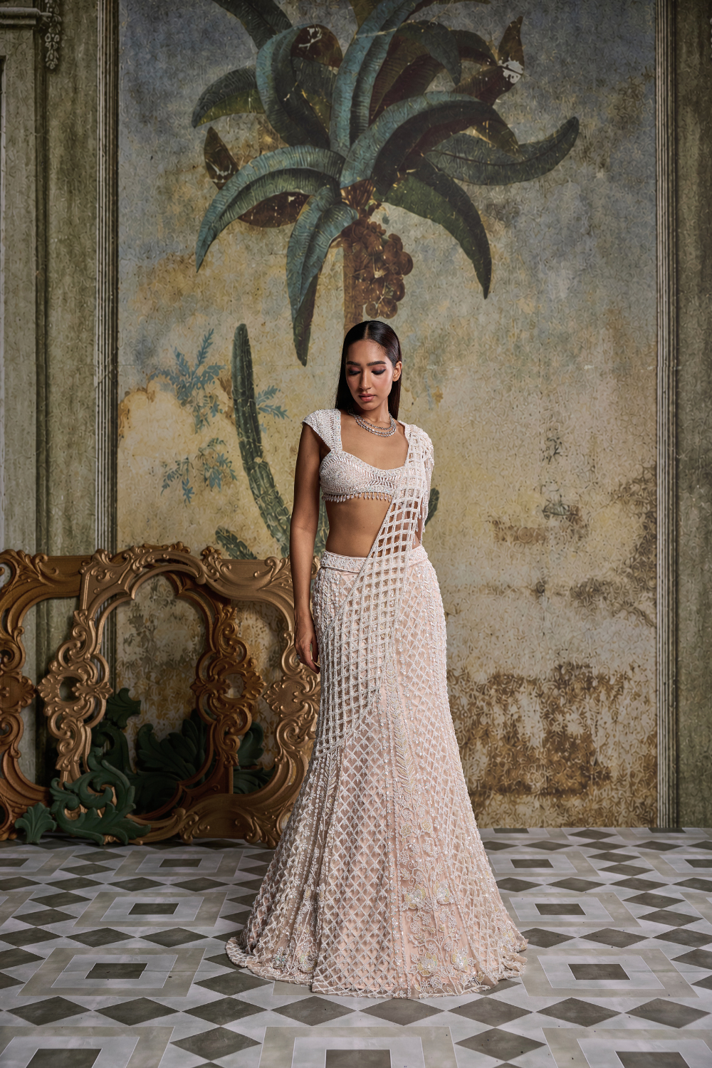 Ivory Cutwork Drape Embellished Saree Set