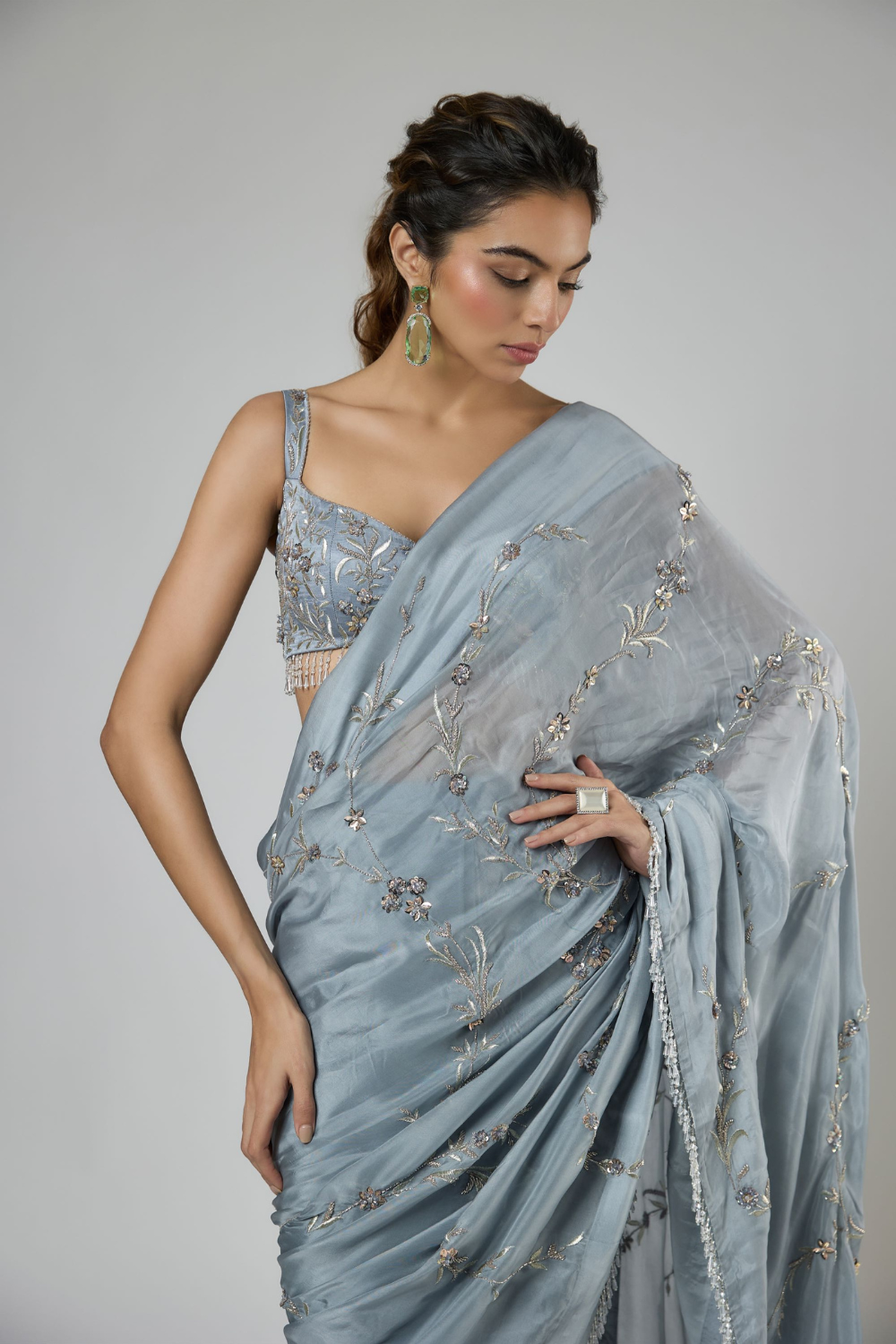 PERIWINKLE INTRICATE FLORAL EMBROIDERED SAREE SET