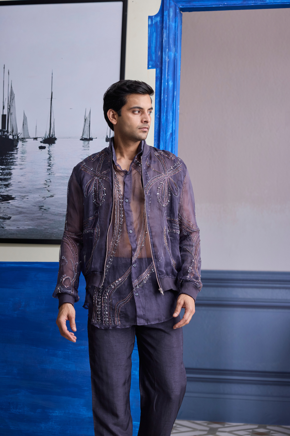 Charcoal Grey Organza Shirt with Embroidered Organza Bomber Jacket Paired with Solid Pants