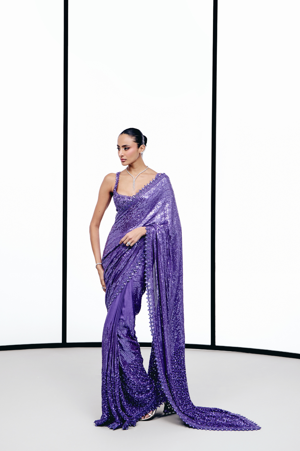 Purple Sequins Saree Set