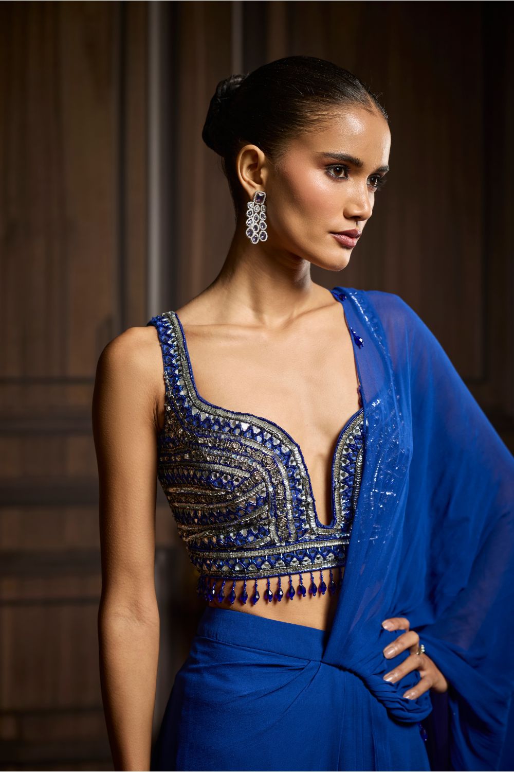 ELECTRIC BLUE EMBELLISHED BLOUSE AND PRE-DRAPED SKIRT SAREE SET