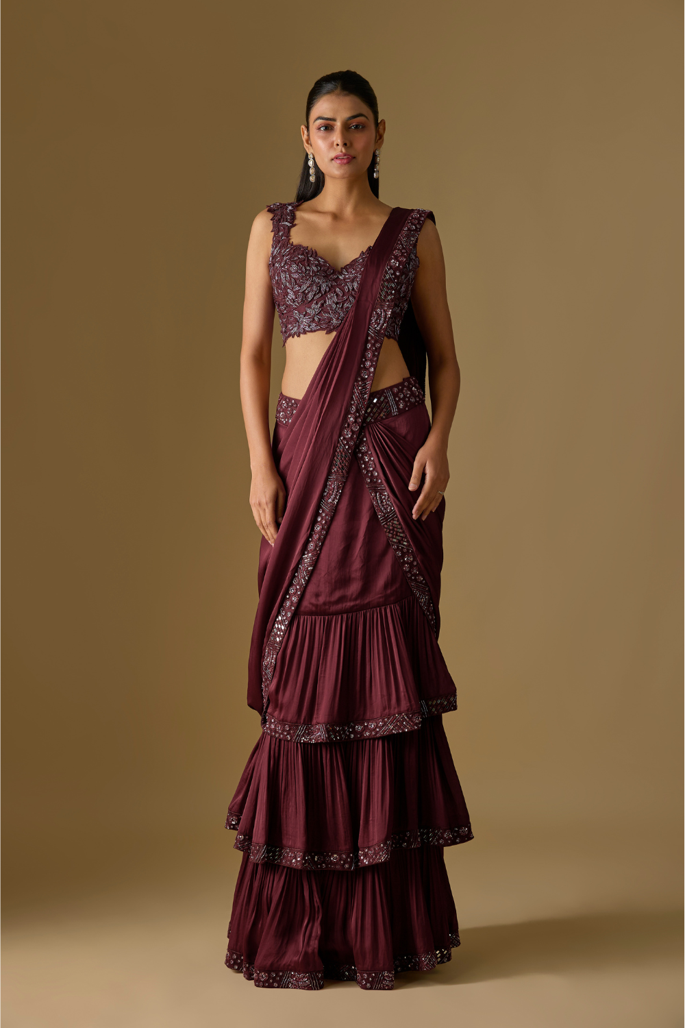Baylin- Wine Pre-Draped Saree with Floral Blouse