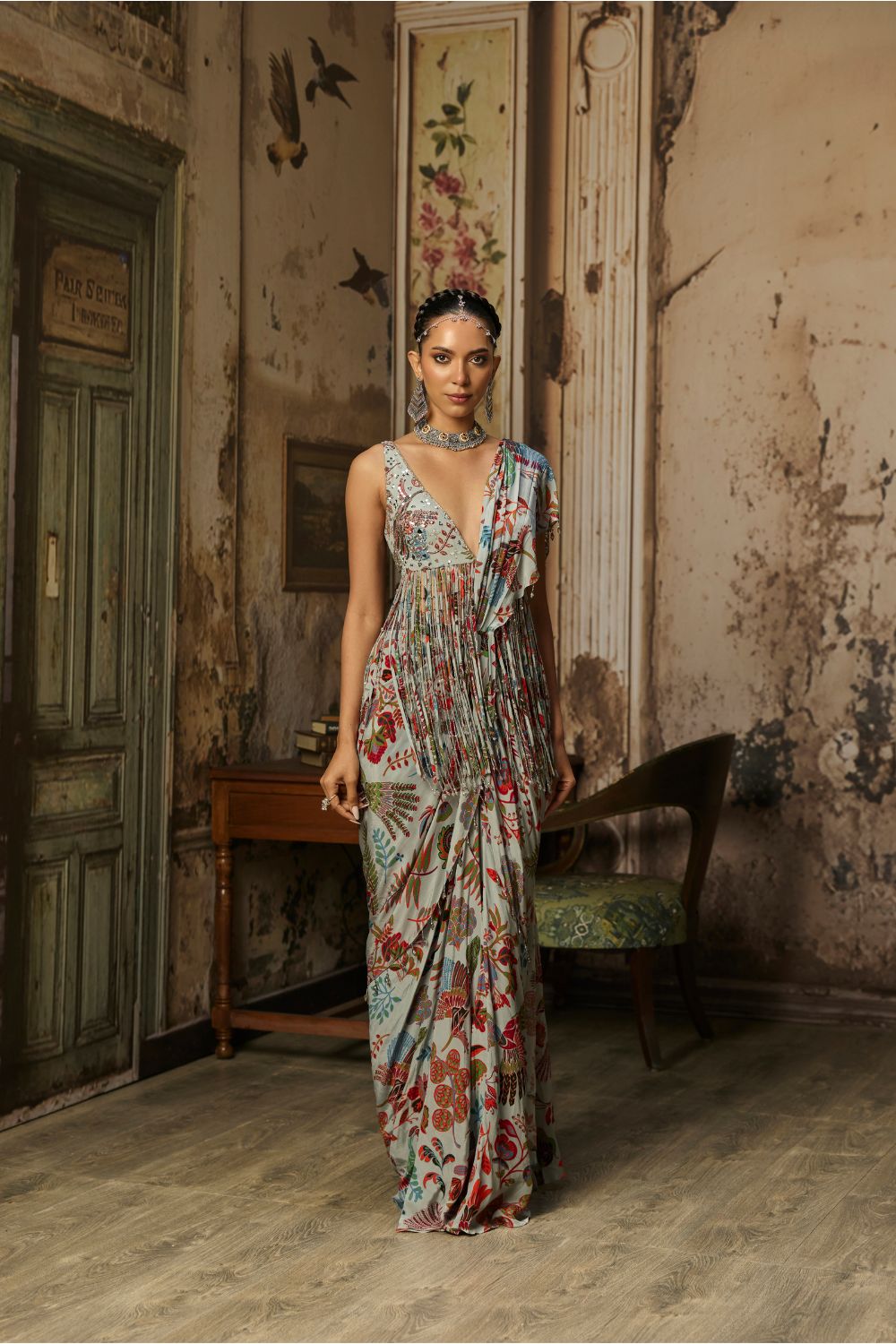 SLATE GREY PRINTED AND HIGHLIGHTED DHOTI SKIRT SAREE SET