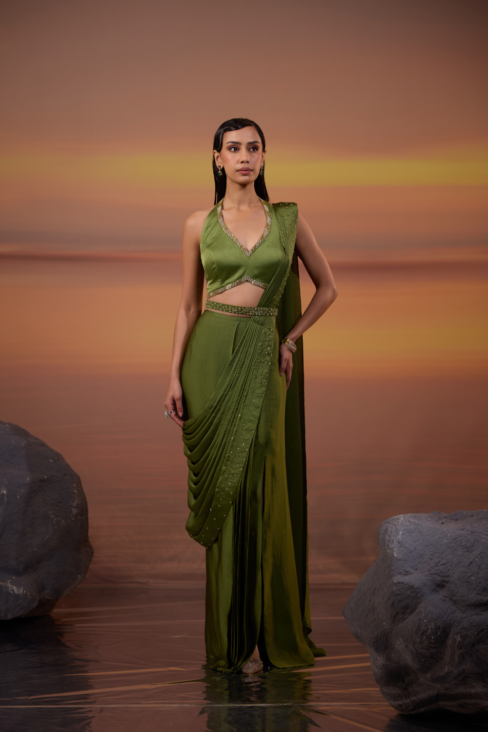 Olive Green Halter Neck Draped Saree Set