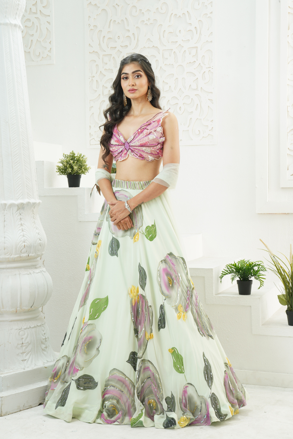 Mint Green hand painted lehenga and Butterfly blouse set