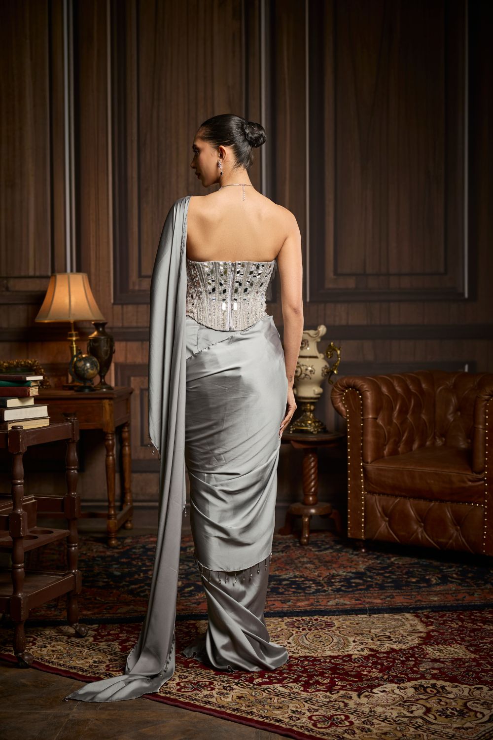 SILVER EMBELLISHED BLOUSE AND PRE DRAPED SAREE SET
