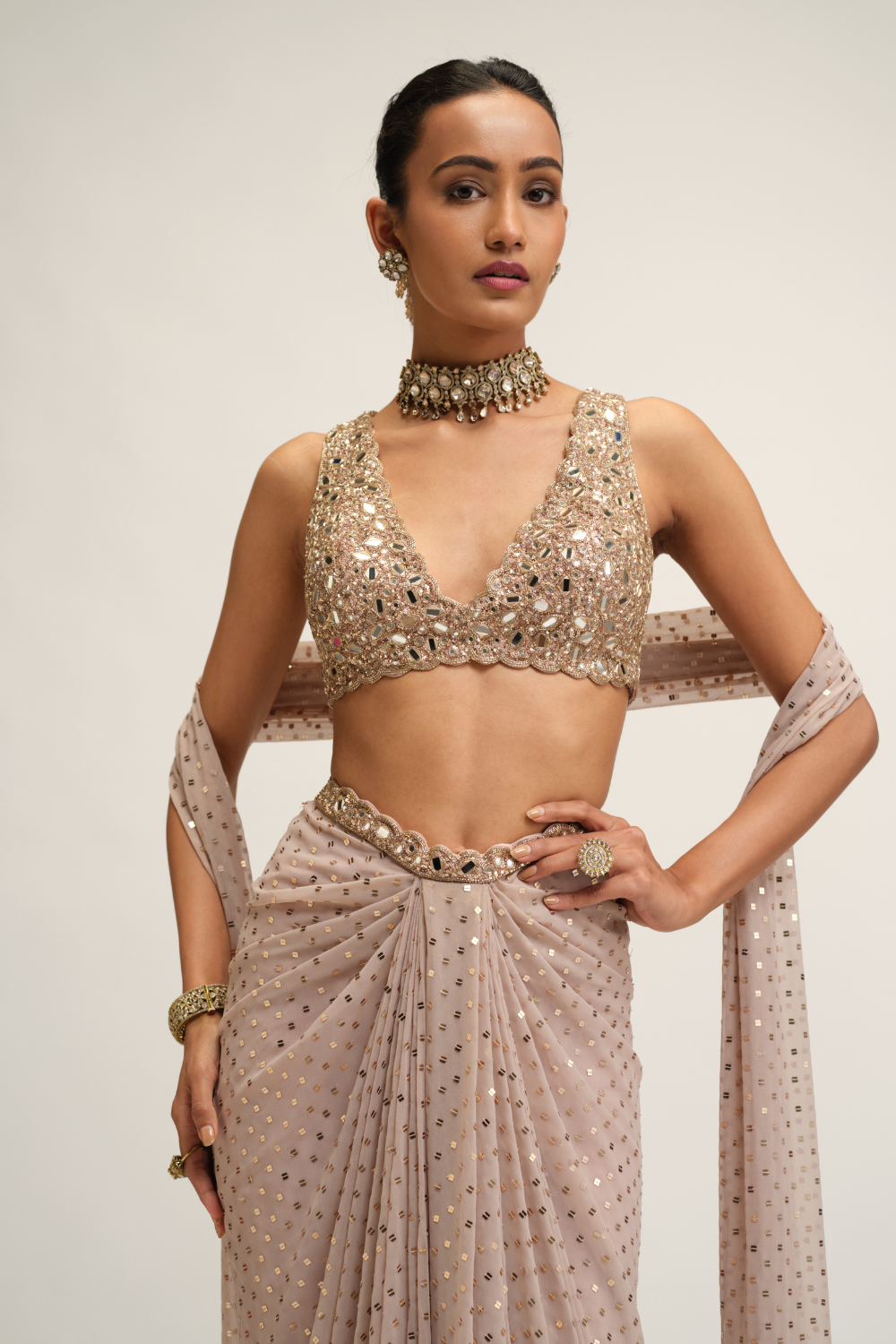 Ash Pink Draped Skirt with V-Neck Blouse Set