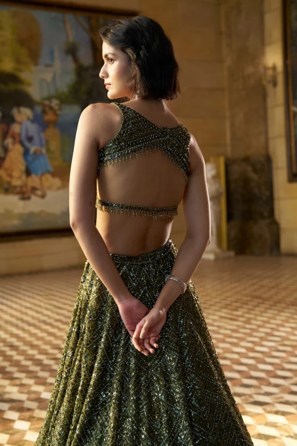 Moss Green Sequin Lehenga Set