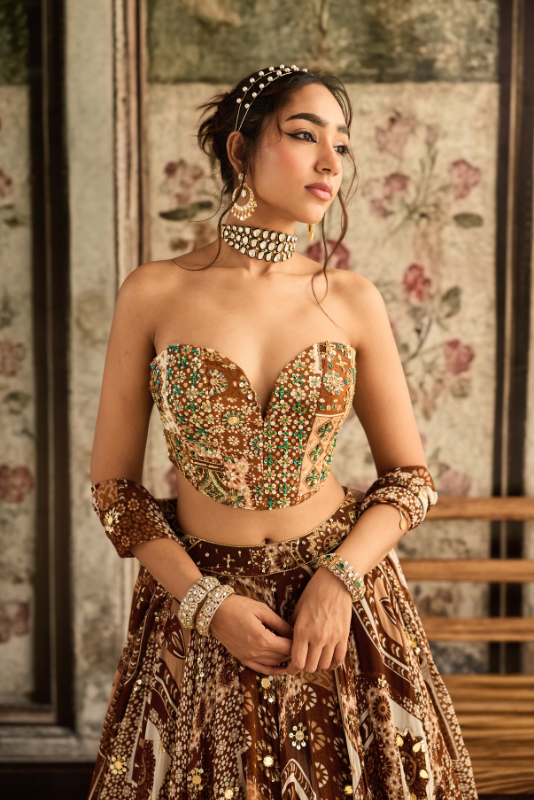 CARAMEL PRINT AND HIGHLIGHTED CORSET TOP WITH LEHENGA SET